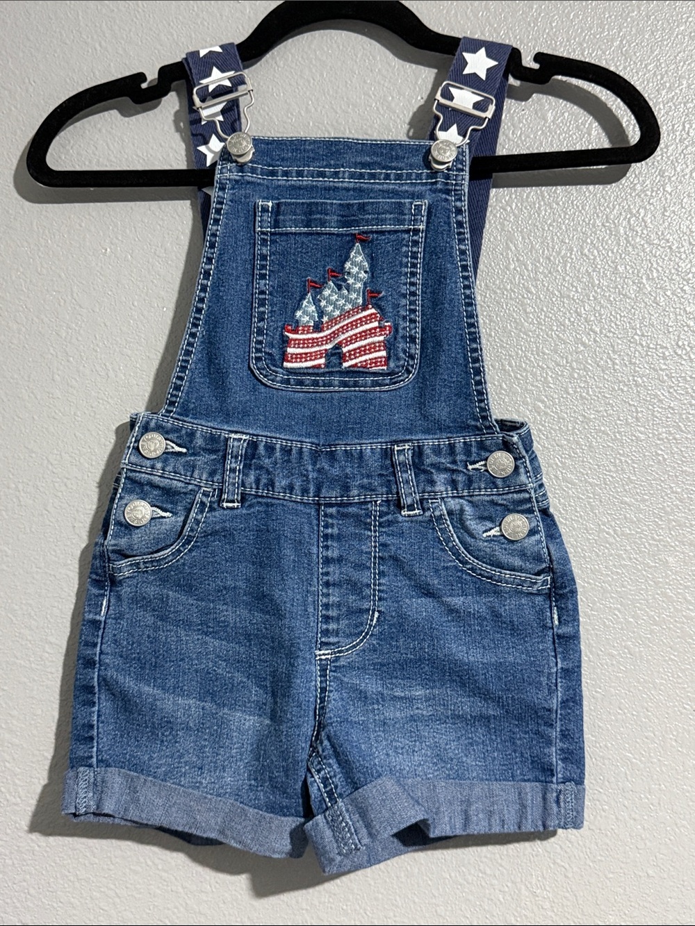 Disney Blue Denim Shortall Overalls with Star-Strap Detail